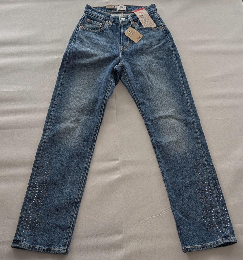 Levi’s Women’s 501 Curve Button Fly Embellished Blue Jeans Size 24W x 30L New